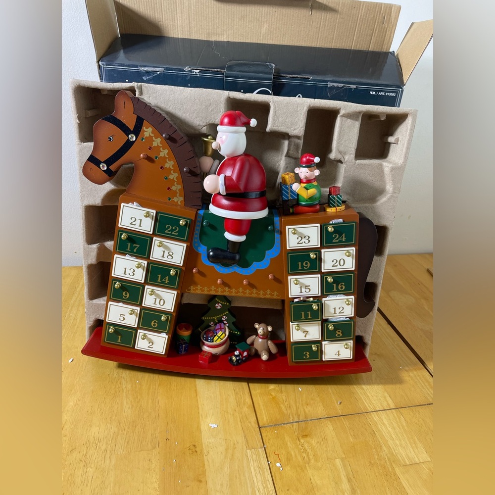 Costco 2013 Advent Calendar Wood Rocking Horse w/24 Ornaments in Drawers to hang
